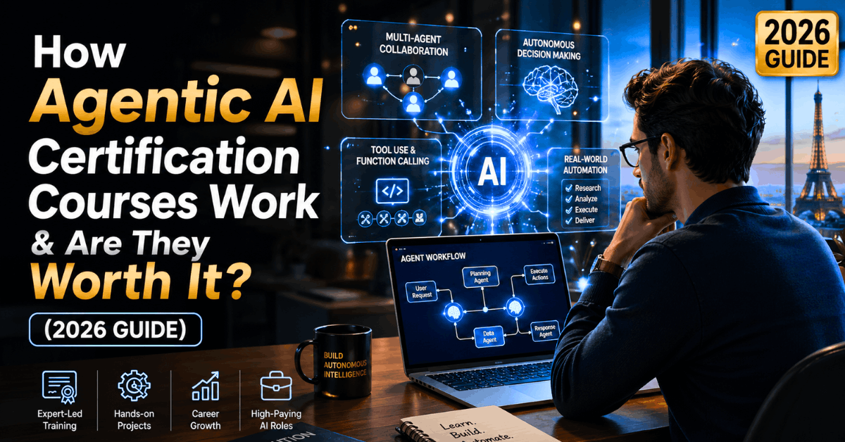 Professional working on autonomous AI agents and workflows on futuristic screens, representing how Agentic AI certification courses work in 2026.