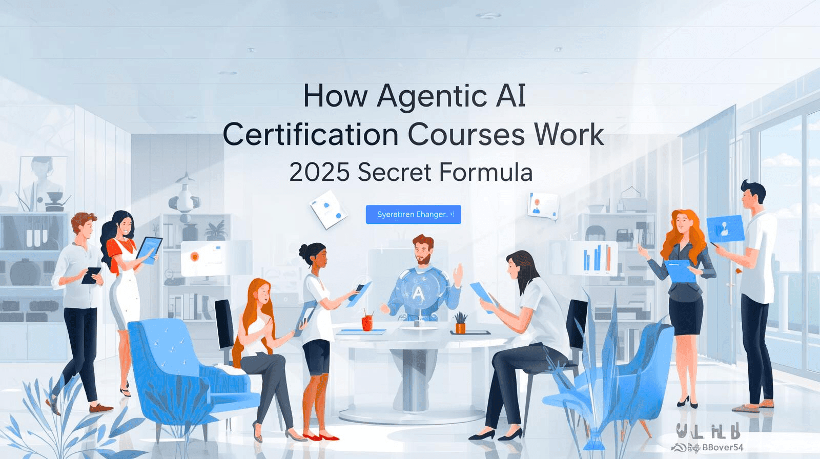 Modern French-style illustration of learners exploring How Agentic AI Certification Courses Work in a futuristic workspace with holographic AI agents and certificates.