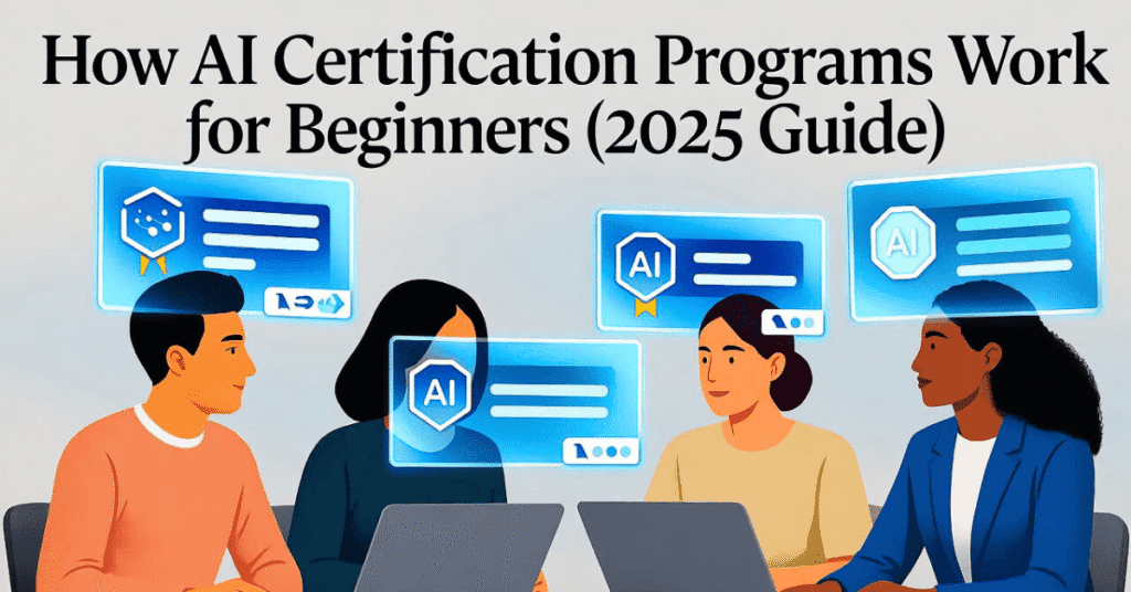 Beginners studying AI online with futuristic holographic certificates – How AI Certification Programs Work for Beginners (2025 Guide)