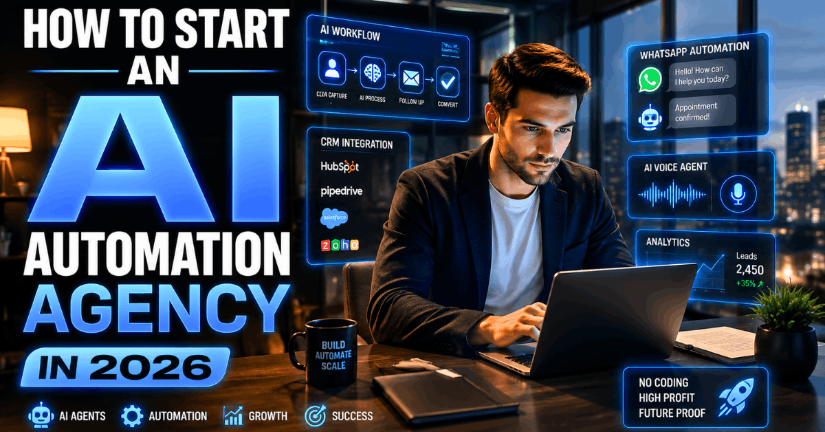 Young entrepreneur building AI automation systems in a futuristic office with AI workflows, CRM automation, WhatsApp automation, and business dashboards for starting an AI automation agency in 2026.