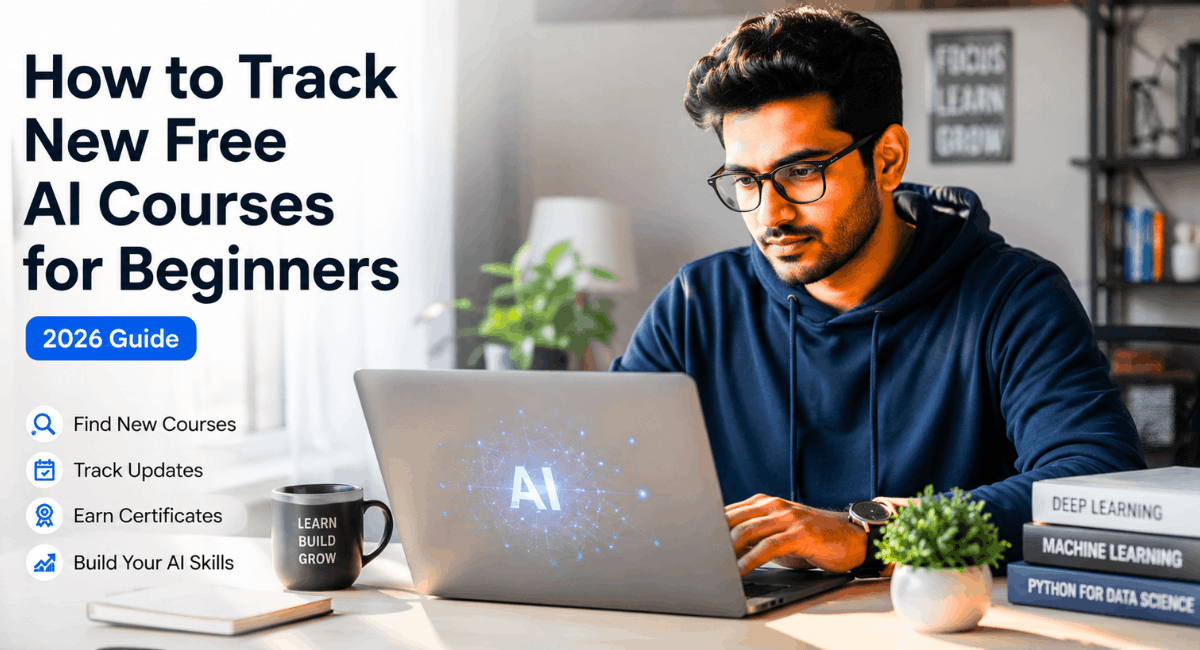How to Track New Free AI Courses for Beginners (2026 Guide) 1 Beginner learning free AI courses online in 2026 – how to track new AI course updates guide