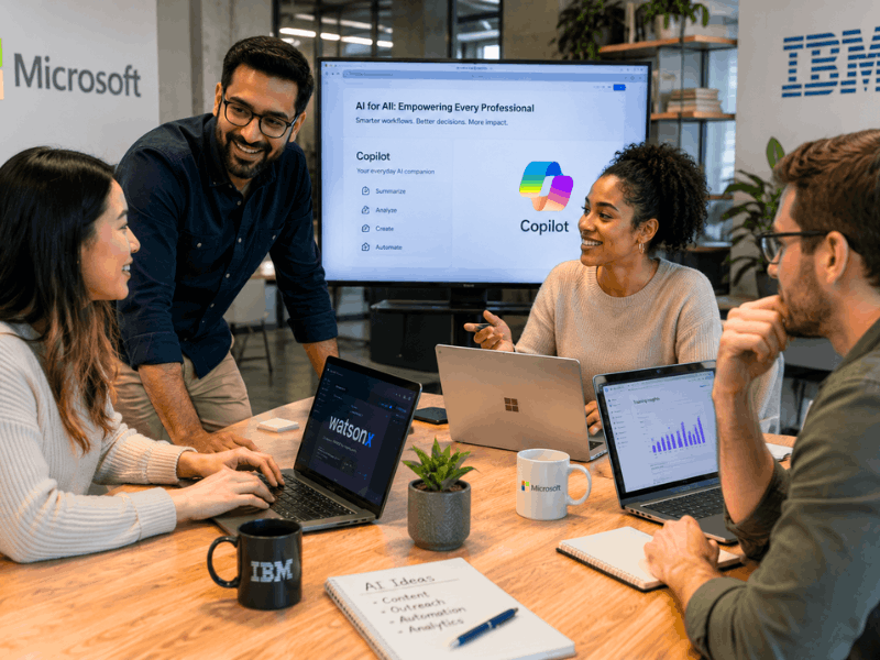 Microsoft and IBM AI tools for non-tech professionals in workplace productivity.