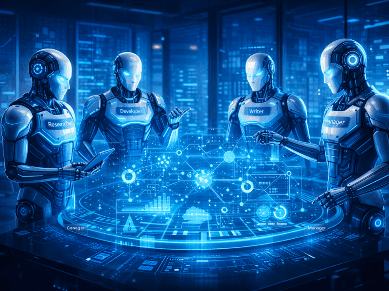 how Agentic AI certification courses work - Multi-Agent Systems collaboration with Researcher, Developer, Writer and Manager AI agents.