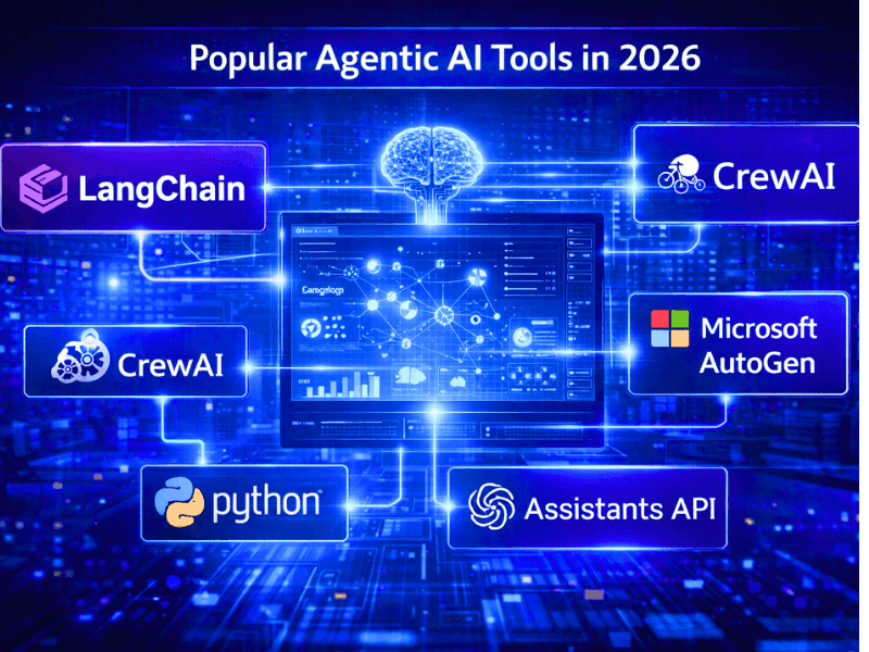 how Agentic AI certification courses work - Popular Agentic AI Tools in 2026 including LangChain, CrewAI, Microsoft AutoGen, Assistants API and Python.