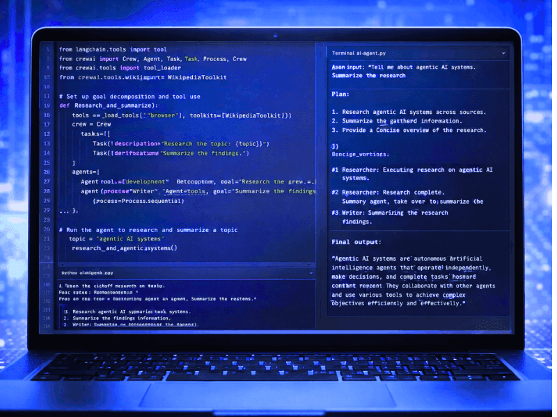 how Agentic AI certification courses work - Practical AI Agent Development with Python code using LangChain and CrewAI on laptop screen.