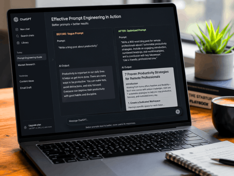 Prompt Engineering for ChatGPT free course before and after comparison for beginners.