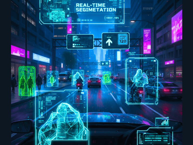 Best open-source AI tools for real-time image segmentation: Futuristic self-driving car with neon overlays on pedestrians and vehicles, 2025 guide.