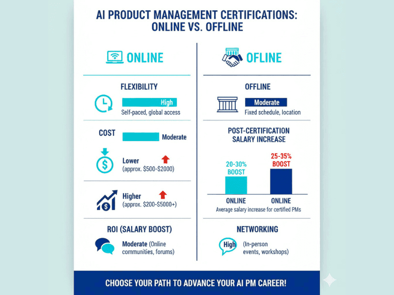 Infographic: Online vs Offline AI for Product Managers Certification comparison on flexibility, cost, ROI, and networking.