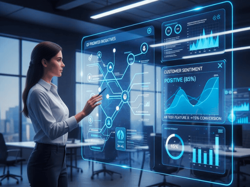 Product manager integrating AI insights into strategy dashboard with sentiment analysis and A/B tests for AI for Product Managers Certification.