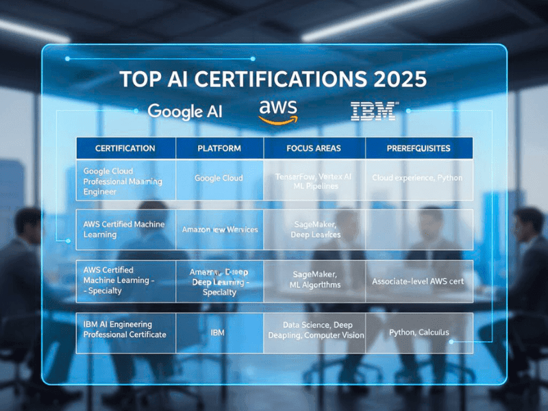 How to choose the best AI certification program 2025 comparison chart Google AWS IBM logos prerequisites.