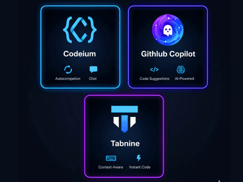 Collage of top free AI coding tools Codeium, GitHub Copilot, Tabnine logos and features with best AI tool for coding free.