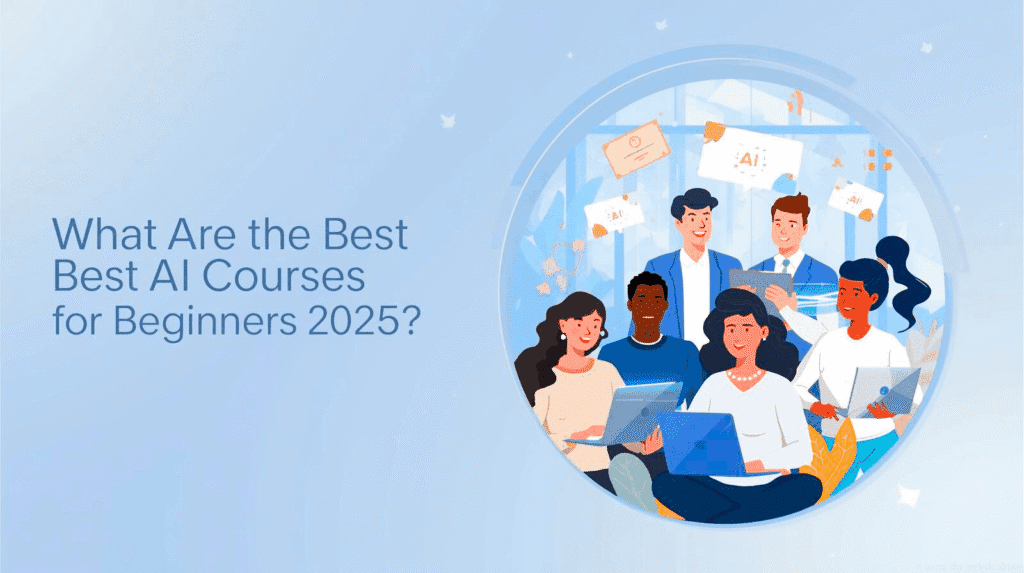 Elegant French-style illustration of beginners learning AI online, representing the article ‘What Are the Best AI Courses for Beginners (2025)’ in a modern workspace design.