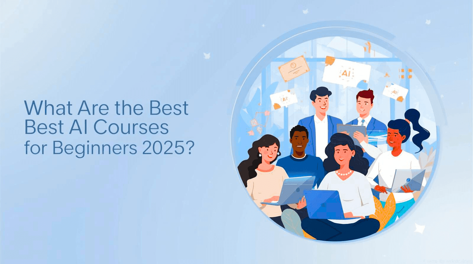 Elegant French-style illustration of beginners learning AI online, representing the article ‘What Are the Best AI Courses for Beginners (2025)’ in a modern workspace design.