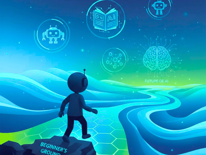 Beginner exploring futuristic AI world with robots, books, and neural icons – best AI courses for beginners 2025 guide.