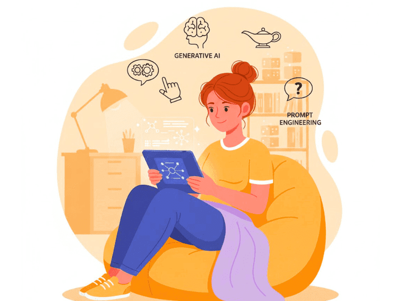 Where To Get AI Certification: Best Sites (2025) 3 Where to get AI certification: Beginner woman learning generative AI and prompt engineering on tablet with icons.