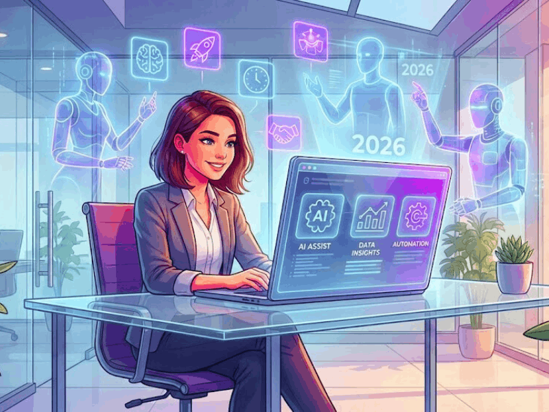 What Are the Best AI Courses for Beginners? (2026 Guide) 2 Young beginner professional exploring Best AI Courses for Beginners in 2026 with futuristic AI tools and productivity icons.