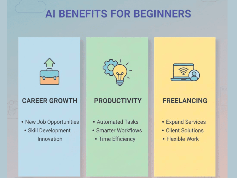 Free AI course for beginners no coding: 2025 benefits infographic on career growth, productivity, freelancing.