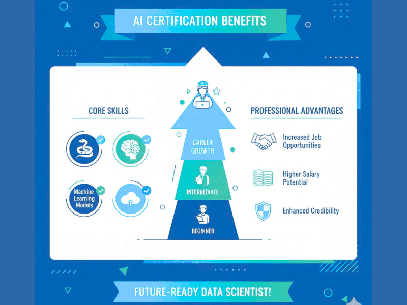 How to choose the right AI certification for data science 1 Infographic of AI certification for data science benefits: core skills like ML models and cloud, career growth from beginner to expert.