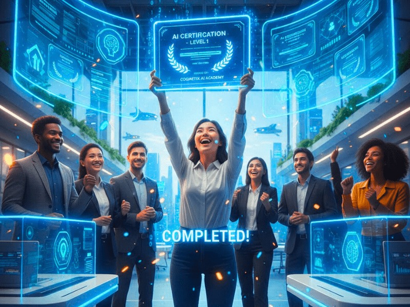 Where To Get AI Certification: Best Sites (2025) 1 Where to get AI certification: Diverse team celebrating completion in futuristic office with digital AI certs.