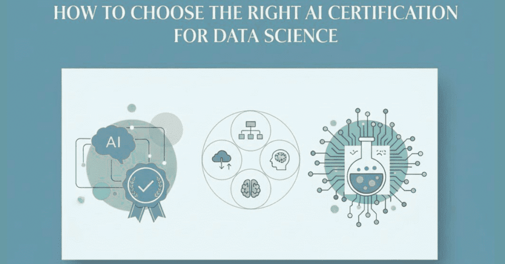 French-style featured image showing AI certification and data science elements with the title ‘How to choose the right AI certification for data science’.