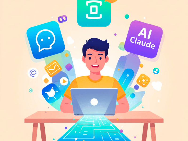 Motivational beginner exploring AI with ChatGPT Gemini Claude icons, laptop desk, glowing future path, colorful flat design.