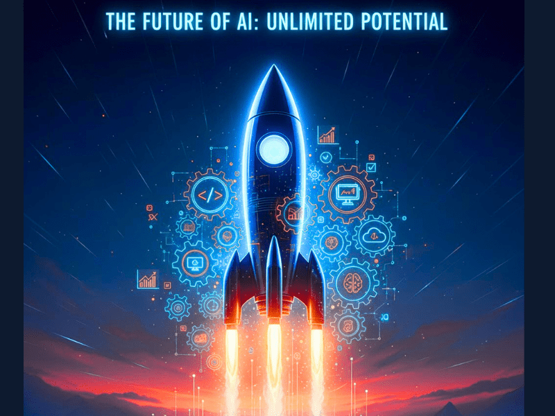 Open-Source AI Deployment Guide For Startups: Motivational rocket launch with AI gears and unlimited potential icons.
