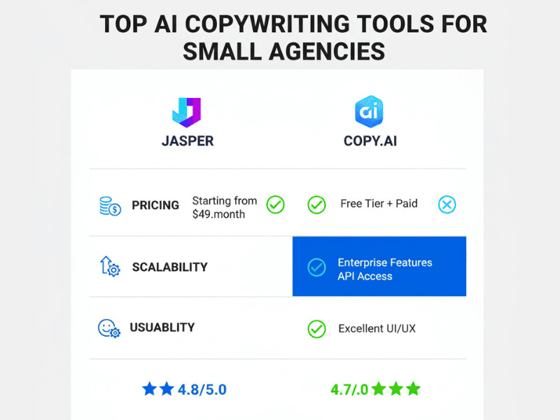 Comparison chart of top AI copywriting tools like Jasper and Copy.ai for small agencies, pricing scalability usability icons, AI Copywriting Tool Comparison for Small Agencies.