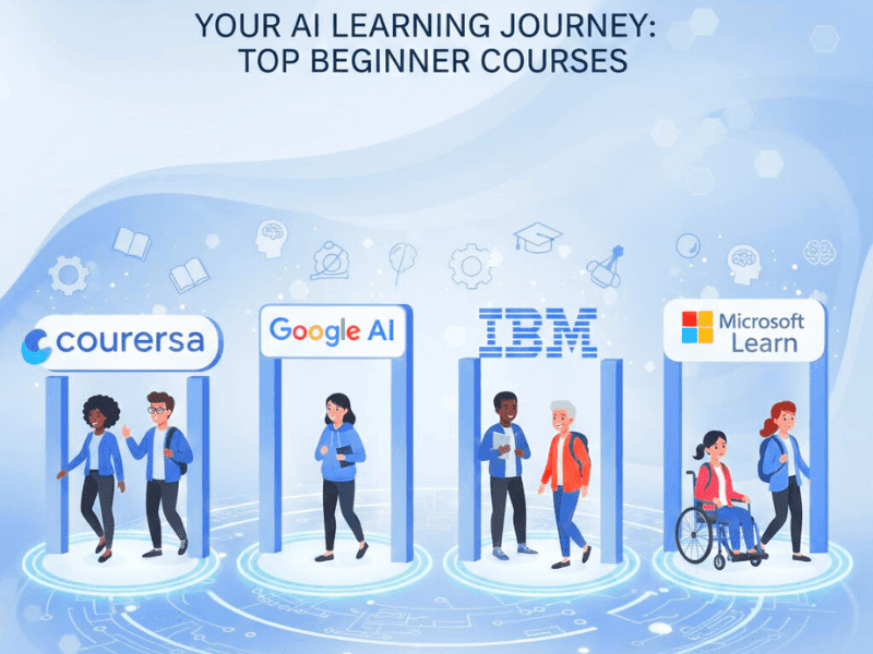 Collage of top beginner AI courses: Coursera, Google, IBM, Microsoft gates – best AI courses for beginners.