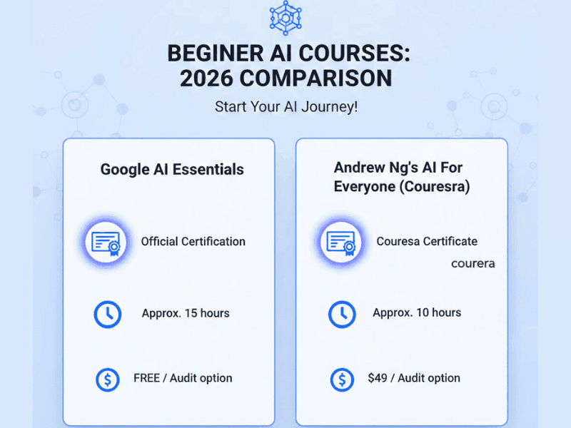 What Are the Best AI Courses for Beginners? (2026 Guide) 3 Infographic comparison of Best AI Courses for Beginners 2026: Google AI Essentials vs Andrew Ng's AI For Everyone, featuring certificates, durations, and pricing.
