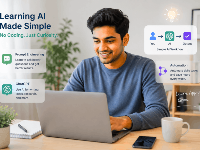What Are the Best AI Courses for Beginners in 2026 - Young man learning AI without coding using prompt engineering and ChatGPT.