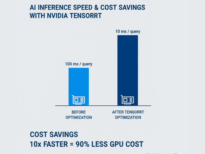 Open-Source AI Deployment Guide For Startups: Bar chart comparing inference speed before and after TensorRT optimization with cost savings.