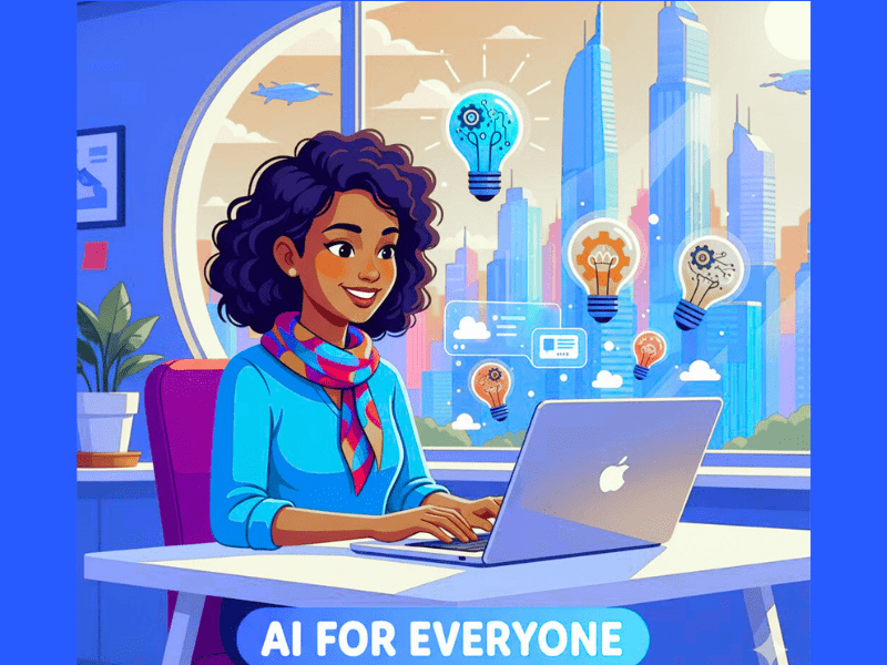 Diverse non-technical woman using AI tools on laptop in modern office, learning Free AI Basics for Non-Technical People amid idea bulbs and city skyline.
