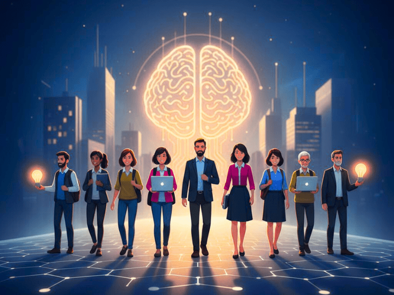 Diverse beginners starting AI journey with laptops and lightbulbs – best AI courses for beginners.