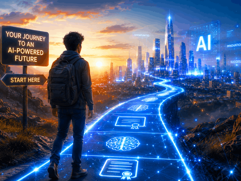 What Are the Best AI Courses for Beginners in 2026 - Young person starting AI journey towards bright future with glowing path.