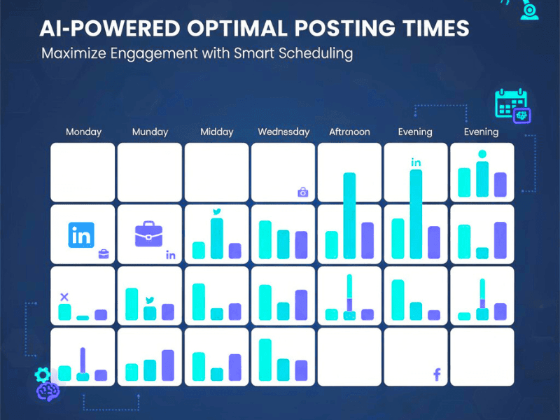 AI for small business social media automation optimal posting times chart: colorful bar graph for platforms including Instagram evenings and LinkedIn mornings.