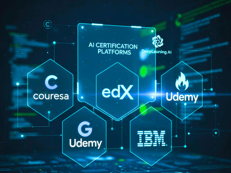 Where To Get AI Certification: Best Sites (2025) 2 Where to get AI certification: Futuristic collage of platforms like Coursera, edX, Udemy, Google, IBM, DeepLearning.AI.
