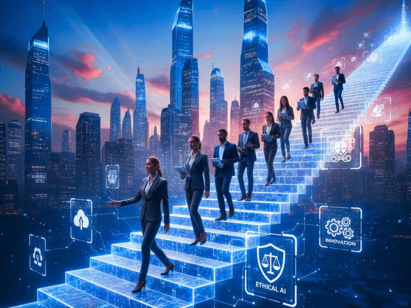 Product manager leading diverse AI team up glowing roadmap staircase to future city via what are the best AI courses for product managers.