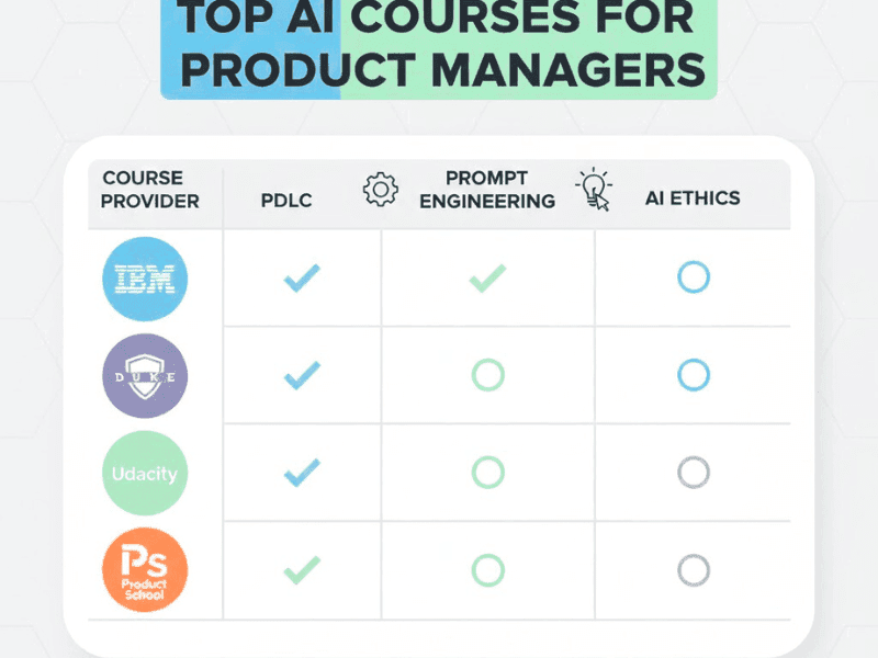 Infographic of what are the best AI courses for product managers: Comparison of IBM, Duke, Udacity, Product School on PDLC, prompt engineering, AI ethics.