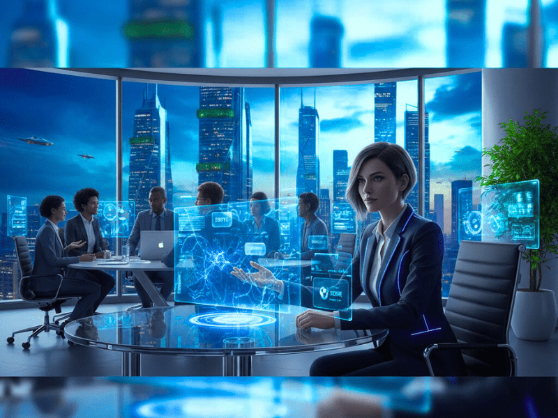 Futuristic product manager leading AI team in high-tech office, exploring what are the best AI courses for product managers.