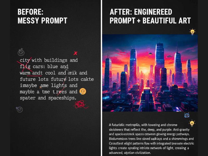 How to learn AI skills for beginners: Before-and-after prompt engineering example for generative AI futuristic city.