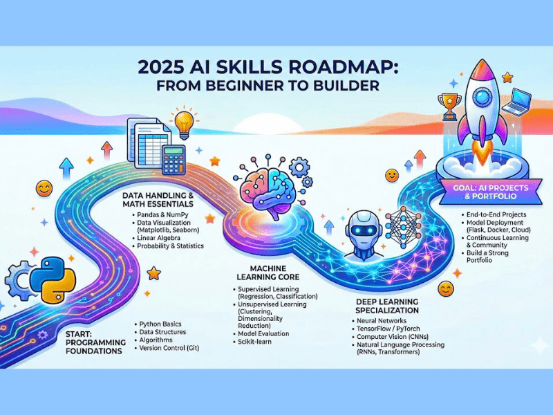 How to learn AI skills for beginners: 2025 AI skills roadmap from Python basics to machine learning projects and portfolio.