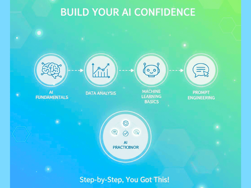 AI beginner skills icons: fundamentals, data analysis, ML basics, prompt engineering – best AI courses for beginners.
