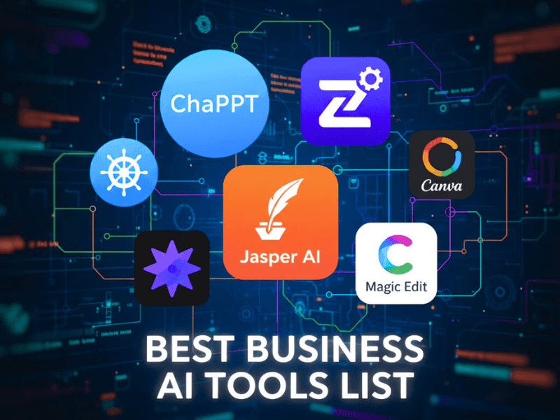 Collage of best business AI tools icons like ChatGPT, Jasper, and Zapier for 2025 list.