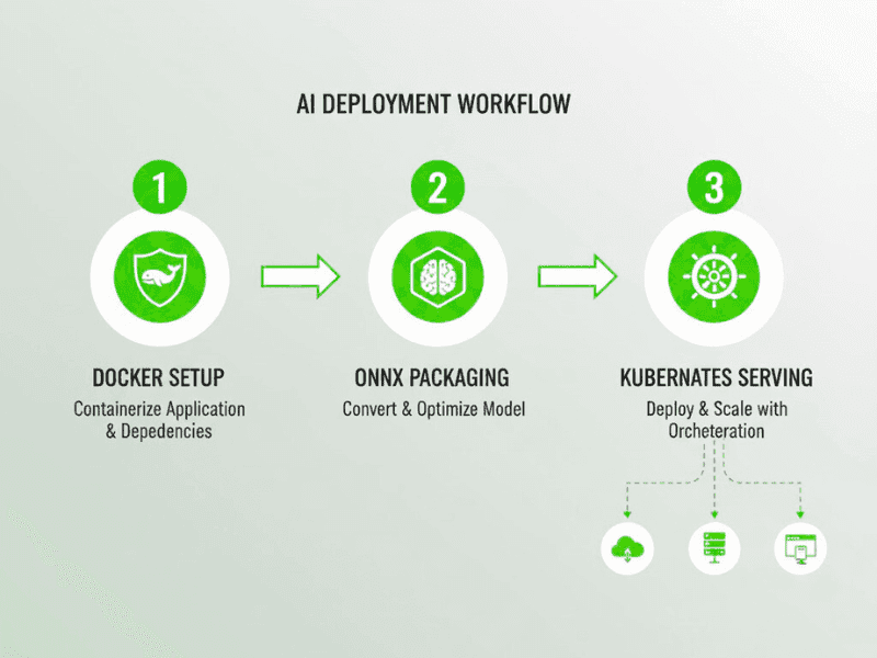 Open-Source AI Deployment Guide For Startups: Step-by-step workflow flowchart with Docker, ONNX, and Kubernetes.