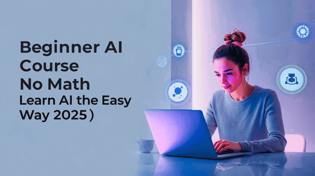 Beginner learning AI on a laptop with ChatGPT and AI icons around, modern French-style featured image for ‘Beginner AI Course No Math – Learn AI the Easy Way (2025)