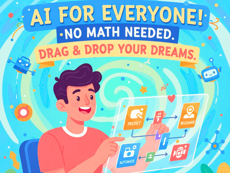 Beginner AI Course No Math: Illustrated learner dragging AI tools without math.