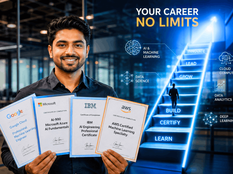 What Are the Best AI Courses for Beginners in 2026 - Man holding Google Microsoft IBM AWS AI certificates for career growth.