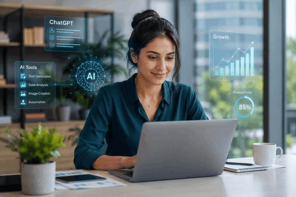 What Are the Best AI Courses for Beginners in 2026 - Young professional woman learning AI at work with futuristic tools.