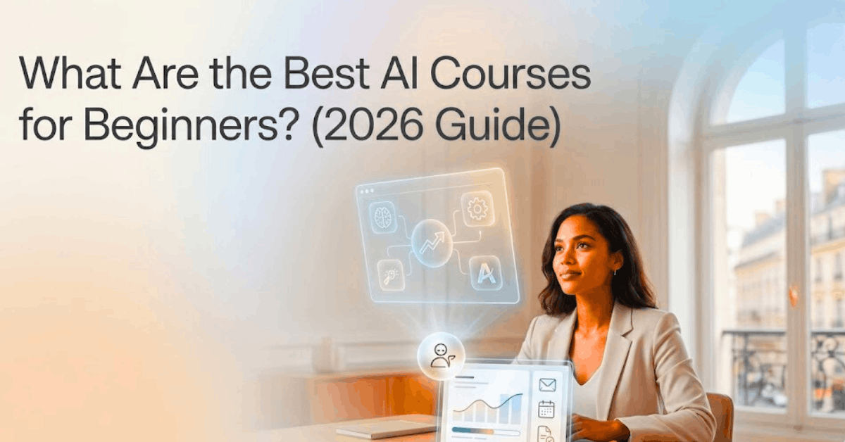 What Are the Best AI Courses for Beginners? (2026 Guide) 1 Best AI courses for beginners in 2026, featuring a beginner learner exploring Agentic AI, AI productivity tools, and modern AI education concepts in a clean, professional design.
