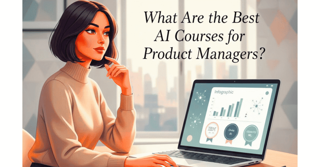 Featured image showing a product manager exploring the best AI courses, in a French modern minimalist style.